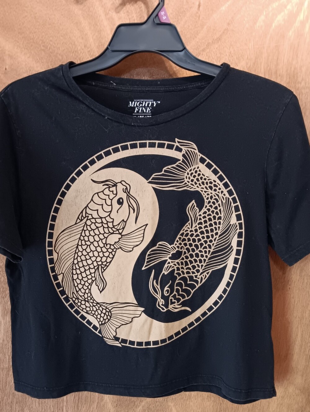 Mighty Fine Black Tee with Tan Koi Yin-Yang Graphic
